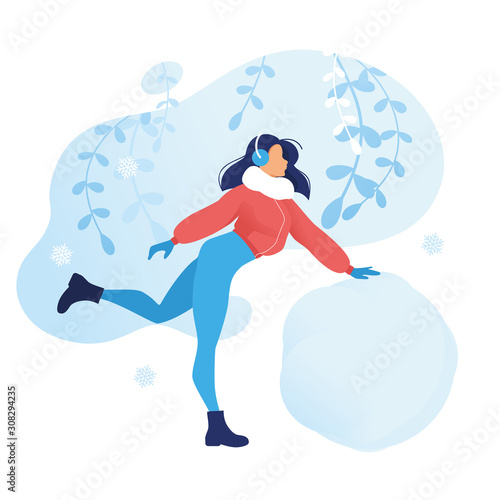 Girl making a snowman. A happy woman enjoys snowfall and plays with snow. cartoon illustration for the winter entertainment concept. frozen plants isolated background. Winter web banner design. Vector