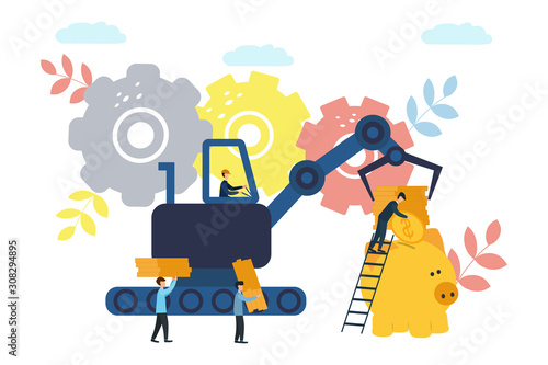 Vector flat illustrations, big piggy bank on white background, financial services, bankers do the work, hoard or save money