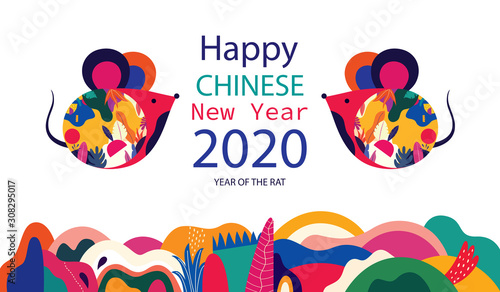 Happy New Year 2020 vector logo design. Happy new year with cute mouse rat in folk style. Chinese New Year. Cover of design for 2020. Calendar design, brochure, catalog, card, banner, wallpaper.