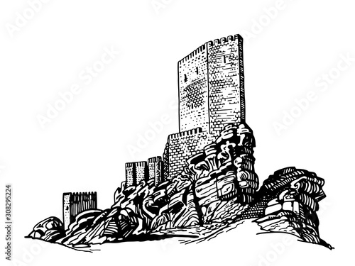 Graphical sketch of Safra castle isolated on white background,vector illustration, Spain