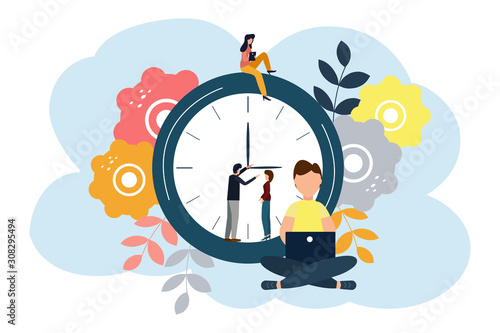 Vector illustration, round clock on white background, time management concept.