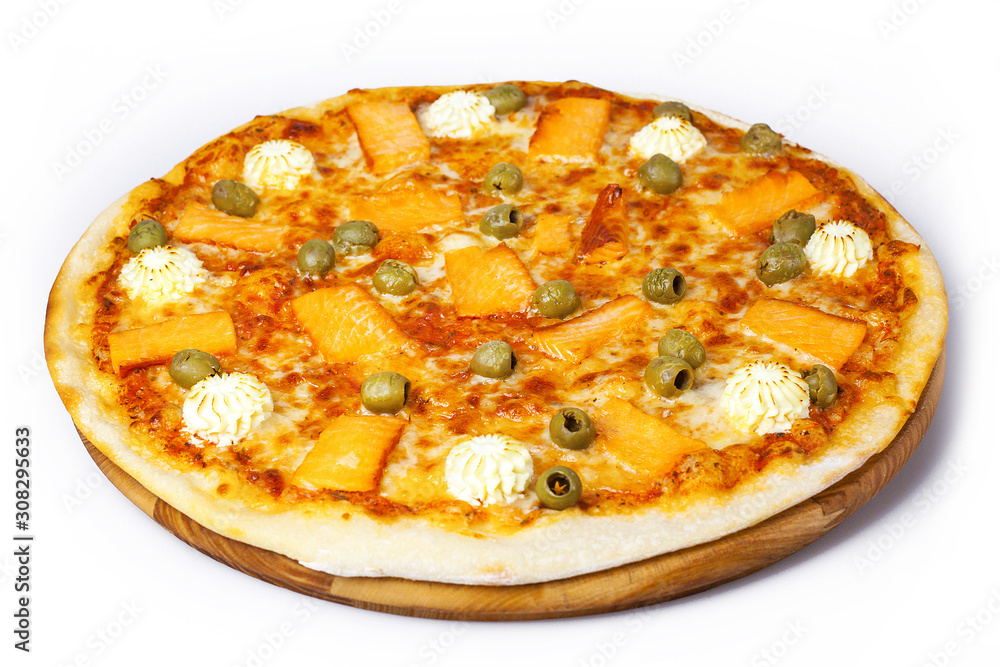 fish pizza with salmon cheese and olives fish pizza with salmon cheese and olives