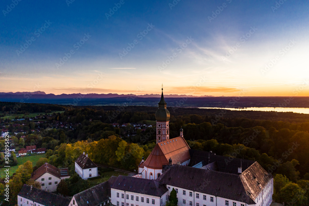 Andechs Monastery, aerial view at sunset, Ammersee, Fünfseenland, Pfaffenwinkel, Upper Bavaria, Bavaria, Germany,