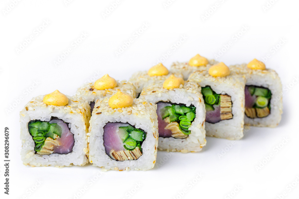 sushi with herbs and rice on a white background sushi with herbs and rice on a white background
