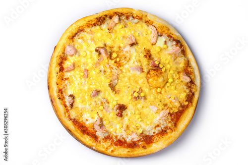tasty pizza with corn meat and cheese top view