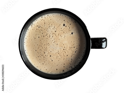 Tasty coffee in a black big mug on a white background. Morning concept. Coffee isolated stock image