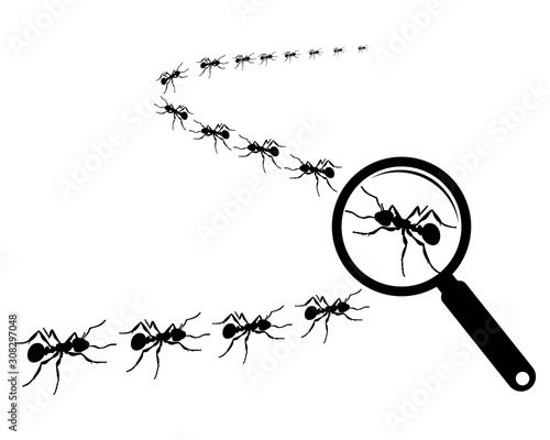 Magnifying glass with marching ants over white background. Vector flat illustration.