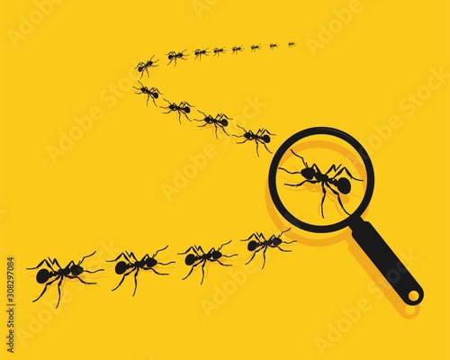 Magnifying glass with marching ants over yellow background. Vector flat illustration.