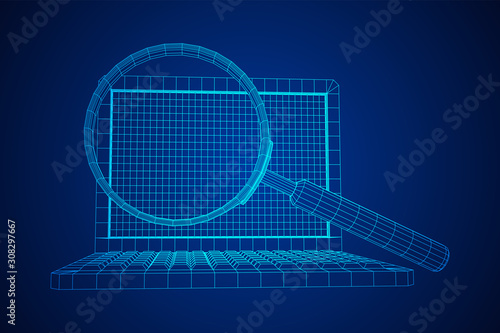Magnifying glass in front of laptop screen. Business internet surfing, Analysis search concept. Wireframe low poly mesh vector illustration