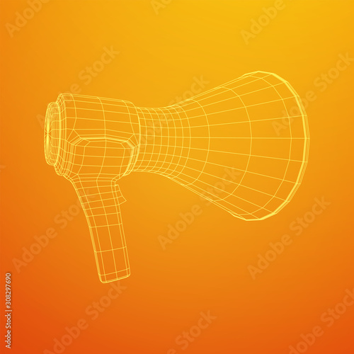 Megaphone or bullhorn for amplifying voice for protests rallies or public speaking. Wireframe low poly mesh vector illustration