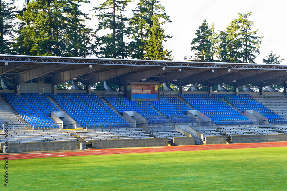 Fototapeta premium Empty football stadium with green soccer field and blue seats