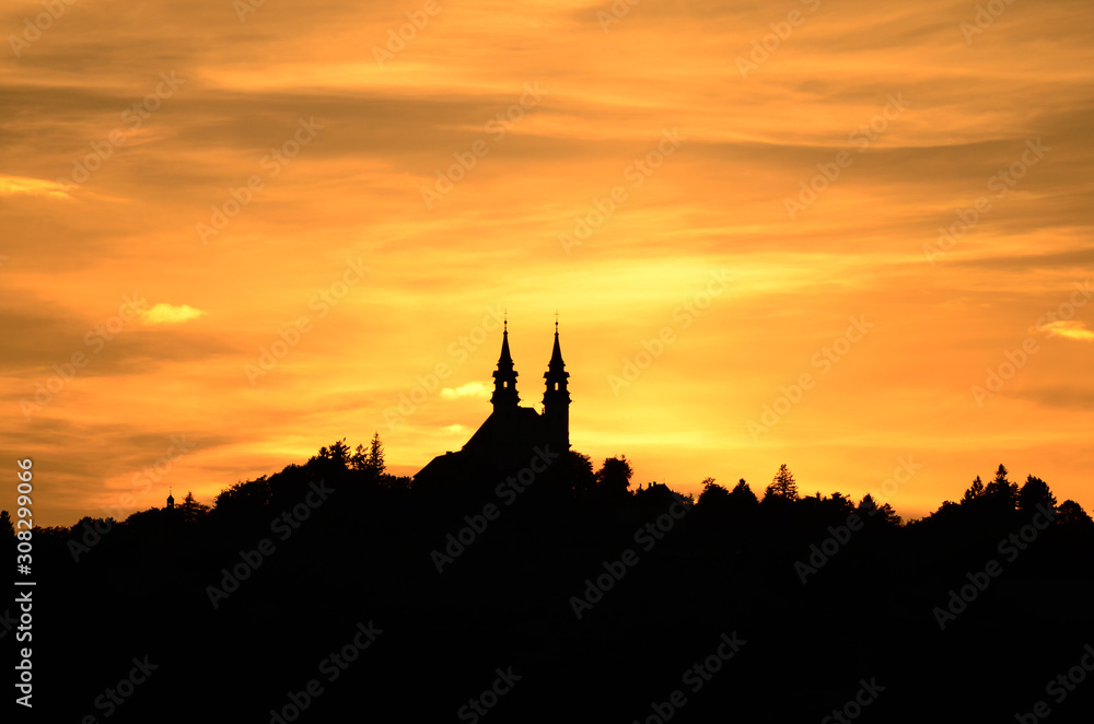 Silhouette of the Pöstlingberg Church at sunset. Linz, Upper Austria, Austria