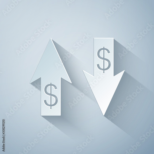 Paper cut Up and Down arrows with dollar symbol icon isolated on grey background. Business concept. Paper art style. Vector Illustration
