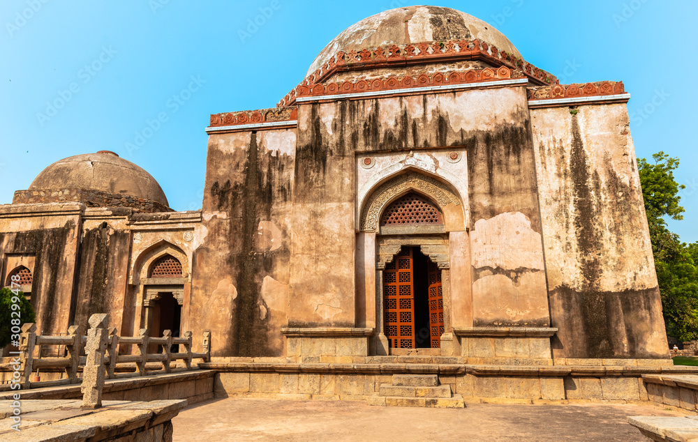 A ruined mosque and a tomb, at Hauz Khas Village, Delhi, India.