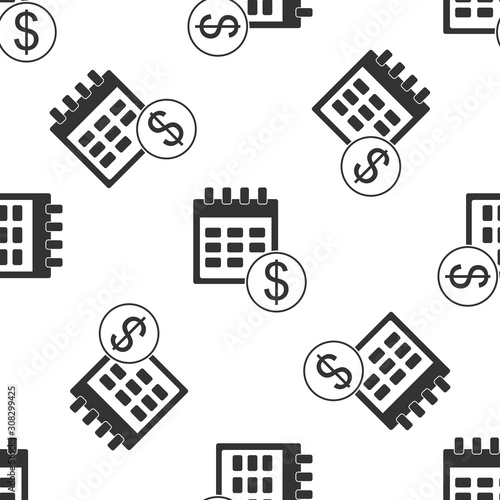 Black Financial calendar icon isolated seamless pattern on white background. Annual payment day, monthly budget planning, fixed period concept, loan duration. Vector Illustration