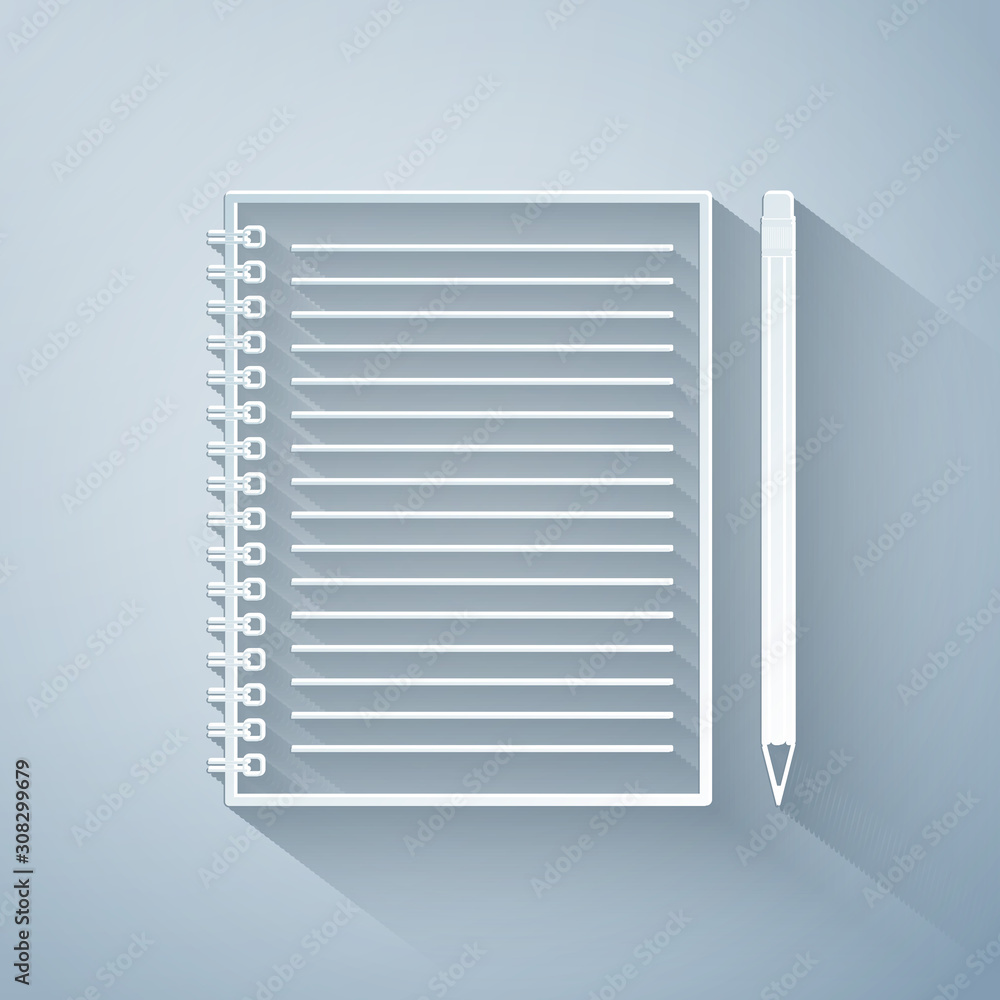 Paper cut Blank notebook and pencil with eraser icon isolated on grey background. Paper art style. Vector Illustration Paper cut Blank notebook and pencil with eraser icon isolated on grey background. Paper art style. Vector Illustration