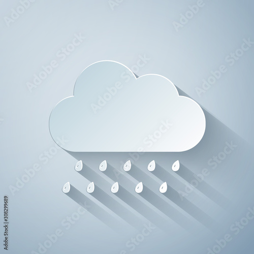Paper cut Cloud with rain icon isolated on grey background. Rain nimbus cloud precipitation with rain drops. Paper art style. Vector Illustration