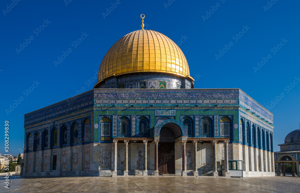 dramatic image of holy mosque in jerusalem with golden dome.