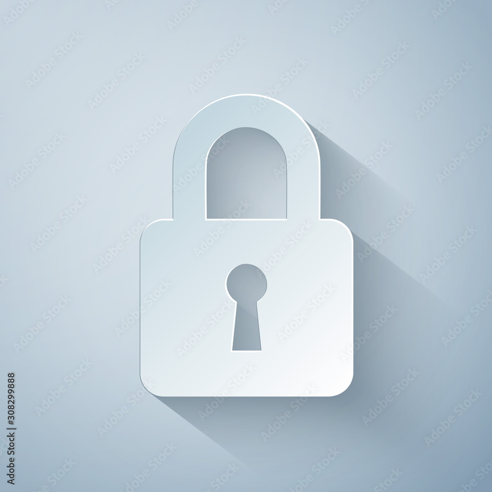 Paper cut Lock icon isolated on grey background. Padlock sign. Security, safety, protection, privacy concept. Paper art style. Vector Illustration Paper cut Lock icon isolated on grey background. Padlock sign. Security, safety, protection, privacy concept. Paper art style. Vector Illustration