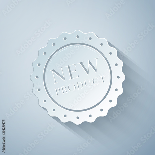 Paper cut New product label, badge, seal, sticker, tag, stamp icon isolated on grey background. Paper art style. Vector Illustration