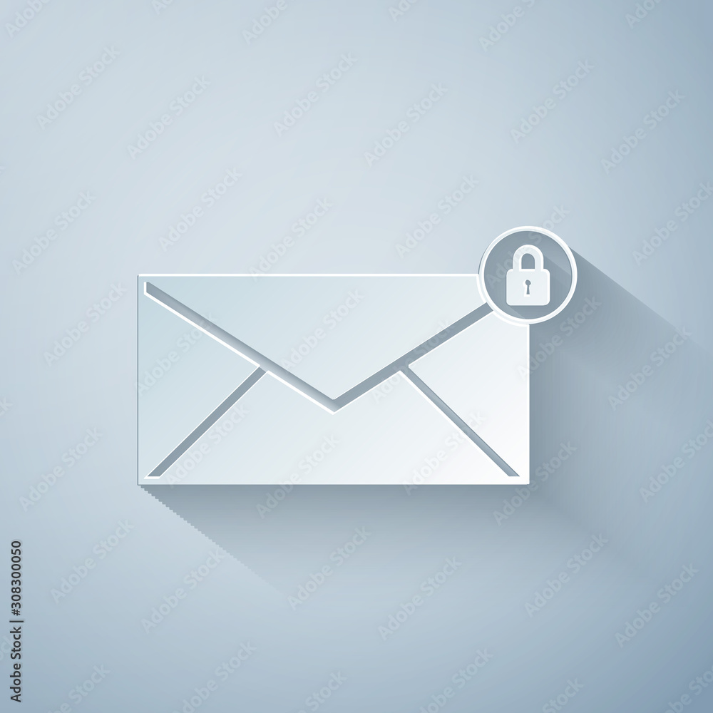 Paper cut Email message lock password icon isolated on grey background. Envelope with padlock sign. Private mail and security, secure, protection, privacy symbol. Paper art style. Vector Illustration Paper cut Email message lock password icon isolated on grey background. Envelope with padlock sign. Private mail and security, secure, protection, privacy symbol. Paper art style. Vector Illustration