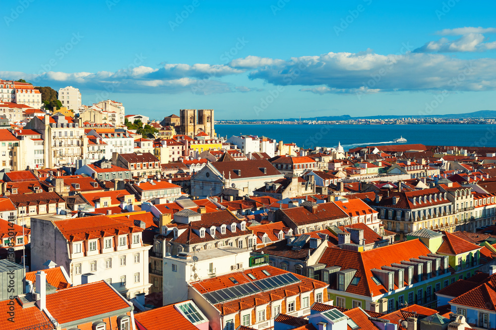 Old architecture with red roofs in Lisbon, Portugal. Panoramic view from observation point
