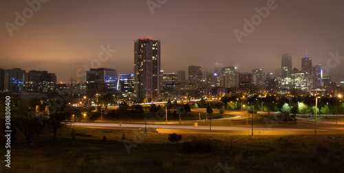 Denver Skyline at Night with Fog