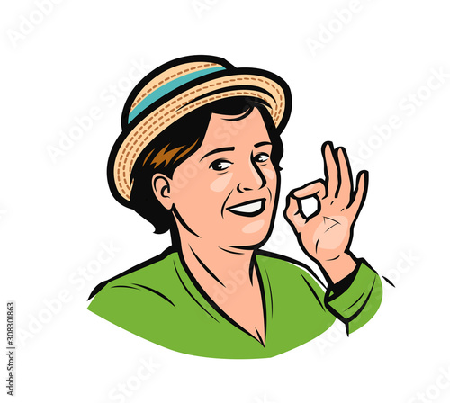 Portrait of happy woman in hat. Farmer logo vector illustration