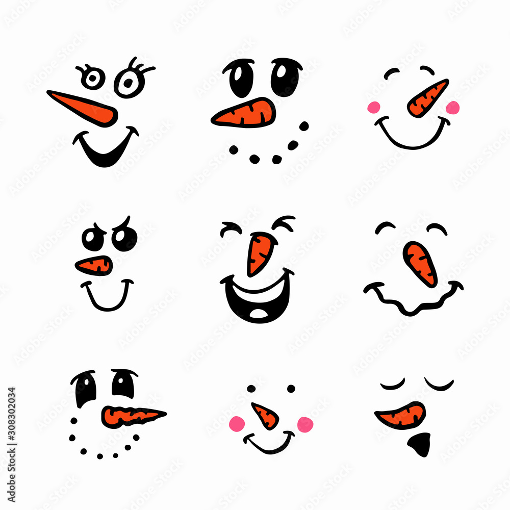 Snowmen faces emoticons set. Vector illustration.
