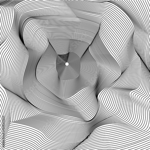 Wavy background of lines. Monochrome dynamic surface with effect of optical illusion. Vector. Radial pattern.