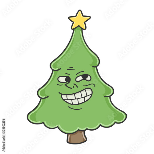 Trolling meme Christmas tree cartoon character isolated on white