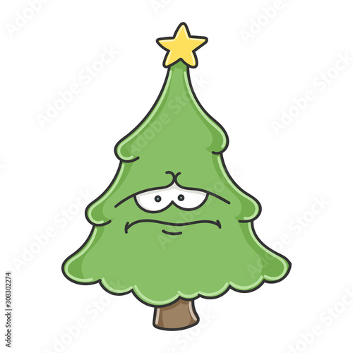 Sad depress Christmas tree cartoon character isolated on white