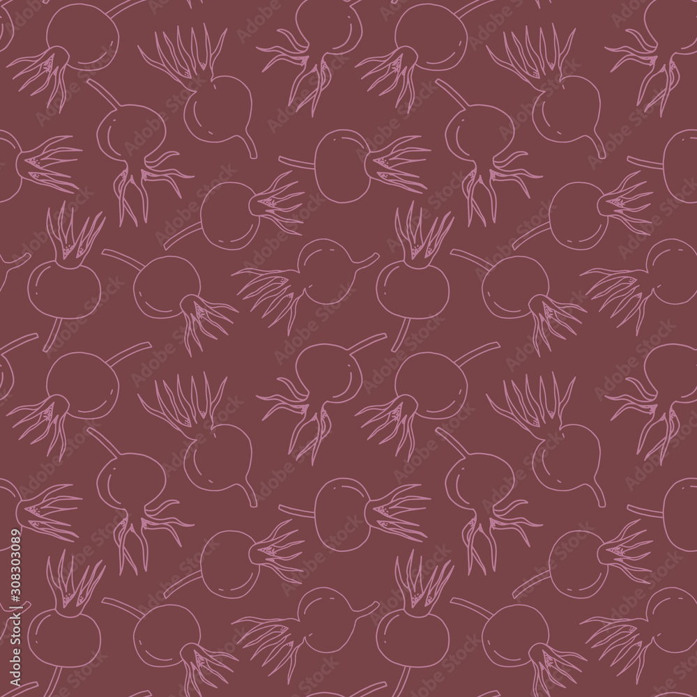 Dog-rose fruits seamless pattern. Line art, hand drawn. Purple background. Good for fabric, textile, wrapping paper, wallpaper, packaging, paper, print, kitchen design, etc. 