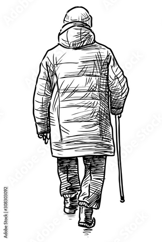 Sketch of elderly woman with stick walking on a stroll