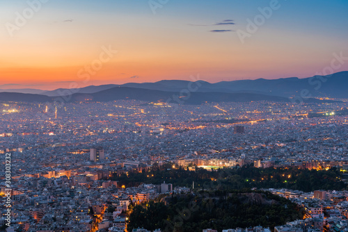 View over the Athens at dusk from Lycabettus hill  Greece.