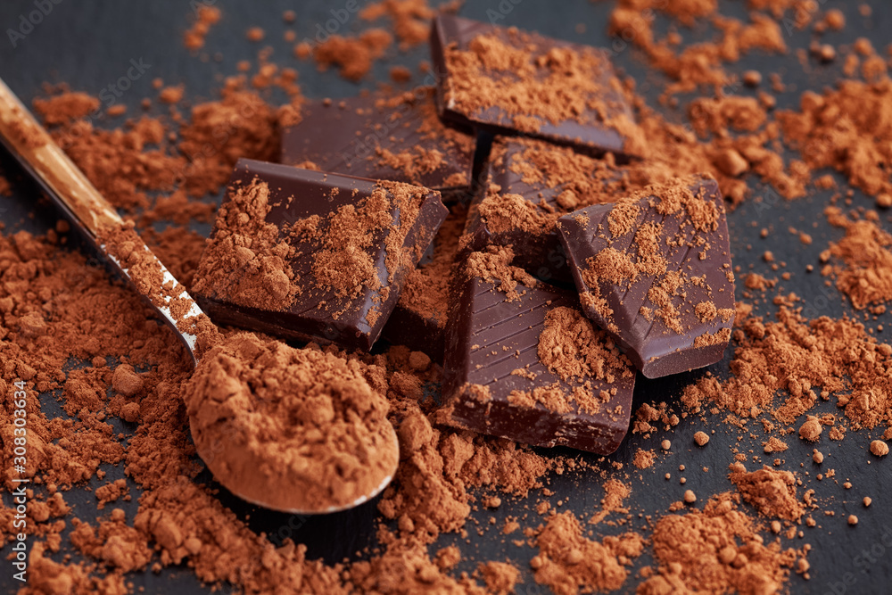Broken dark chocolate with cocoa powder Broken dark chocolate with cocoa powder