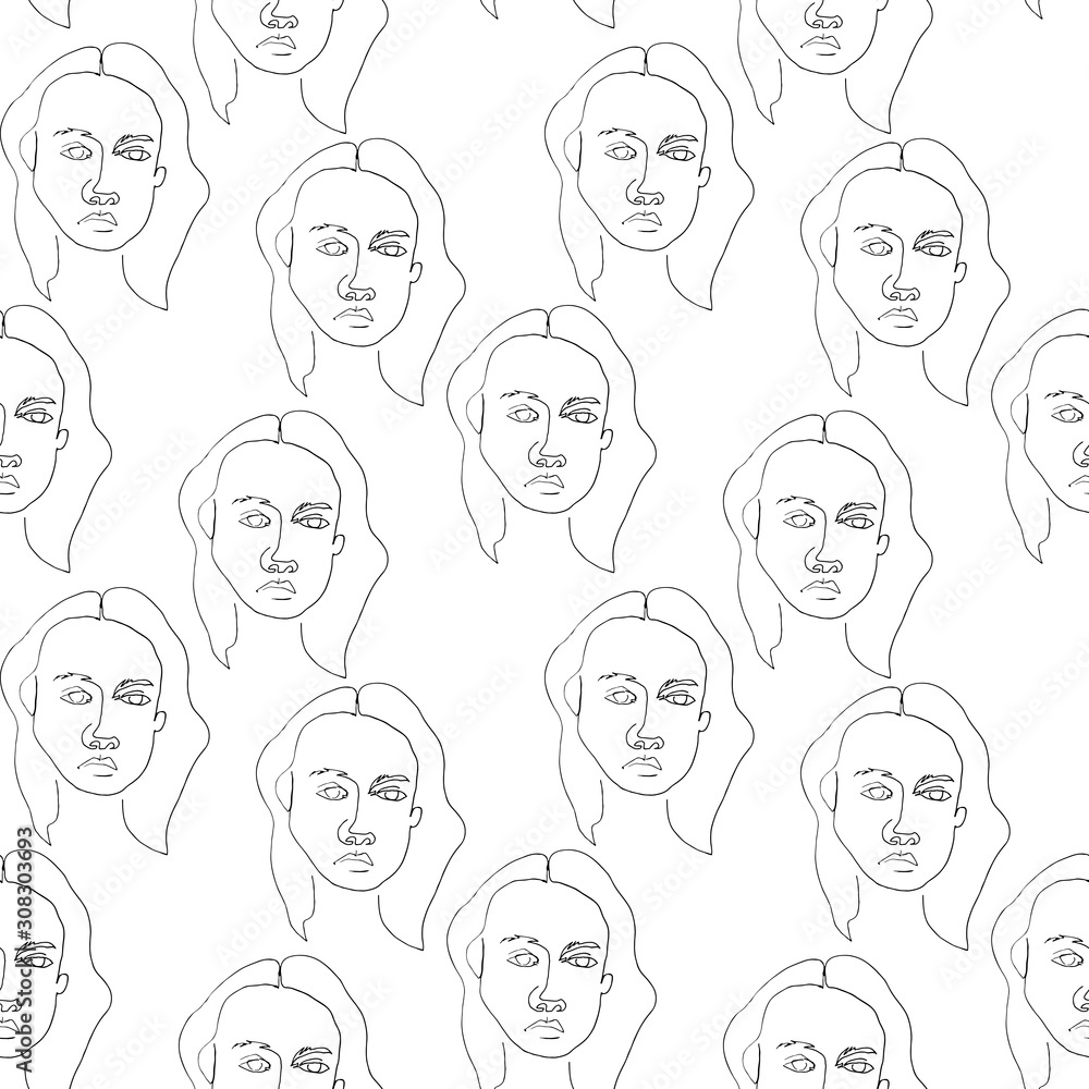 Seamless pattern with outline silhouette of woman face. Modern avant- garde poster.Black silhouette on white background. Trendy minimalistic faces. Seamless pattern with outline silhouette of woman face. Modern avant- garde poster.Black silhouette on white background. Trendy minimalistic faces.