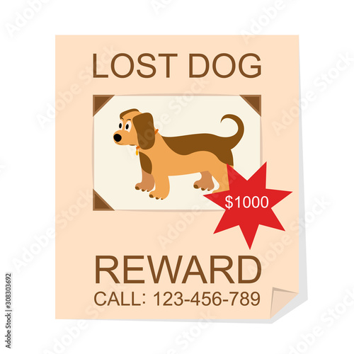 Cartoon Color Lost Dog Ad Poster Card. Vector