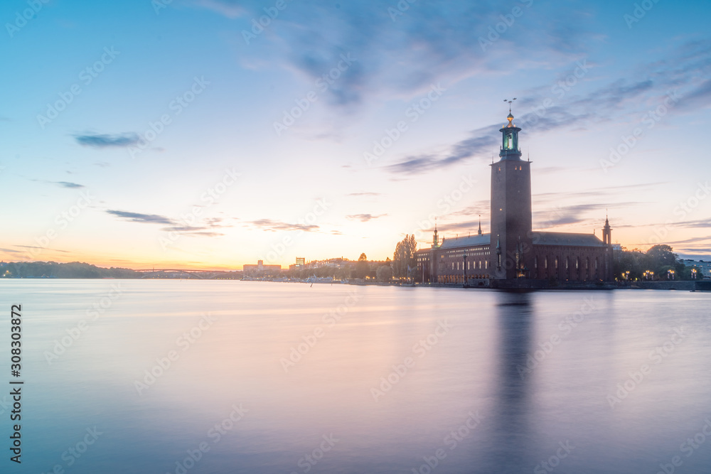 Beautiful sunset view of Riddarfjarden with Stockholm City Hall.
