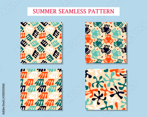 Set with seamless pattern with abstract blots. Avan-garde cute cartoon background. Abstractionism style.