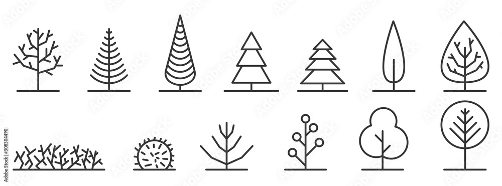 Fototapeta Set minimalnych drzew liniowe ikony - wektor