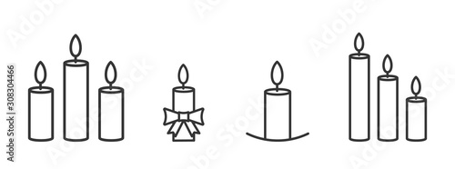 Set of outline burning christmas candles icons.