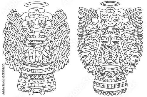 Two flying and praying and smiling angels. Detailing christmas coloring page for adult and kid. Simple outline illustration. One of a series.