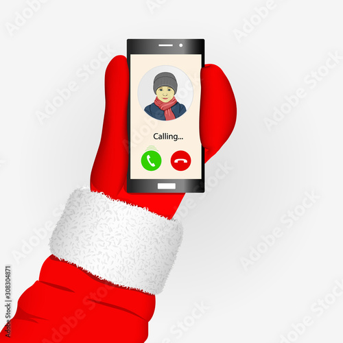 Incoming call to Santa Claus from little boy. Hand of Santa holding smartphone isolated vector illustration