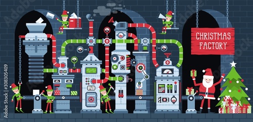 Christmas factory conveyor with working elves. Santa workshop machine production New Year's gifts. Fantastic industry Xmas vector illustration.