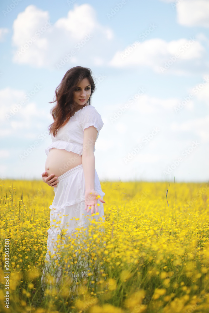 Pregnant woman in a dress in a field of flowers Pregnant woman in a dress in a field of flowers