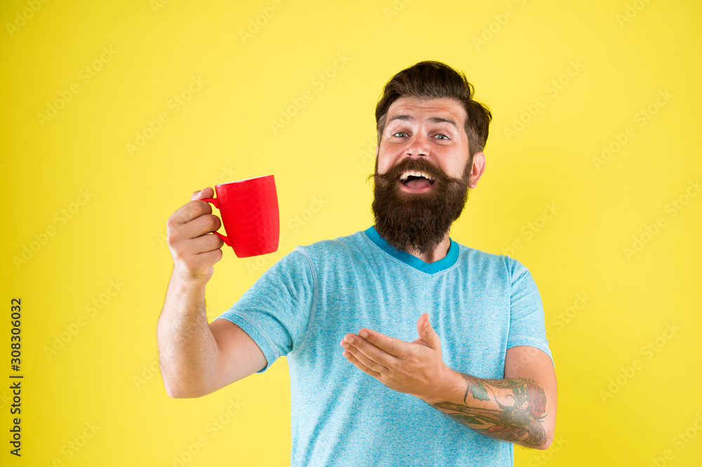 Herbal tea. Aromatic beverage. Understand value taste really great cup of coffee. Coffee shop. Bearded man satisfied drink morning coffee. Energy concept. Hipster stylish barista yellow background