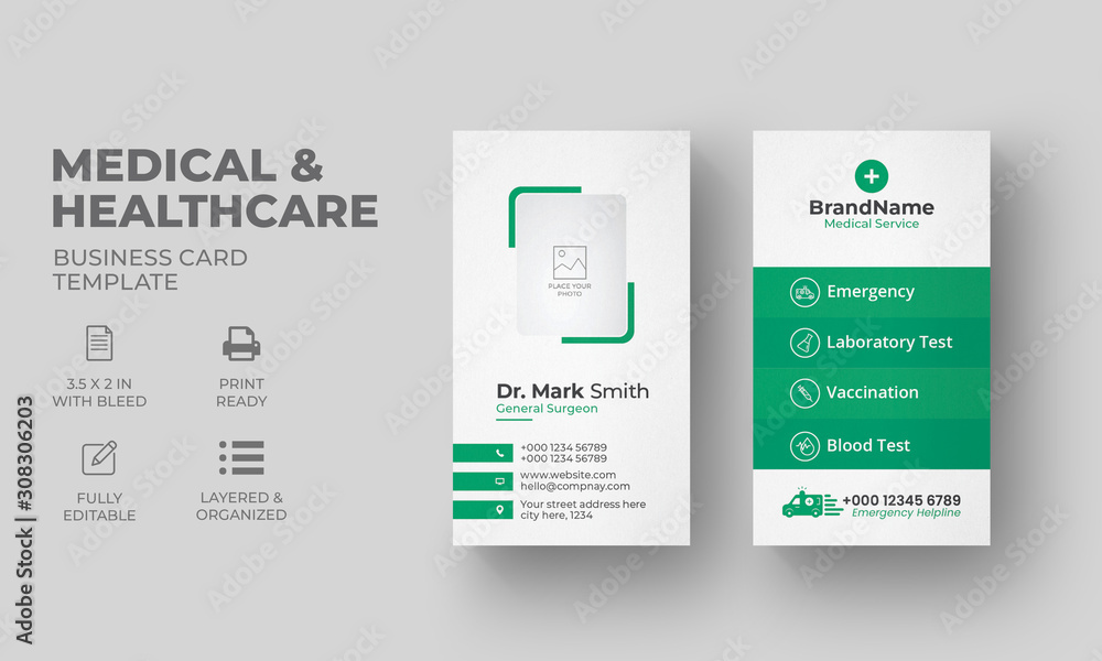 Vertical Healthcare Business Card Template | Medical Business Card