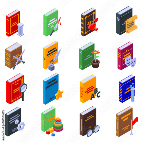Literary genres icons set. Isometric set of literary genres vector icons for web design isolated on white background