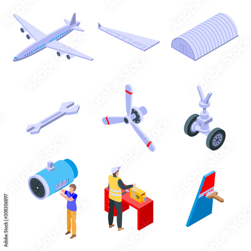 Aircraft repair icons set. Isometric set of aircraft repair vector icons for web design isolated on white background